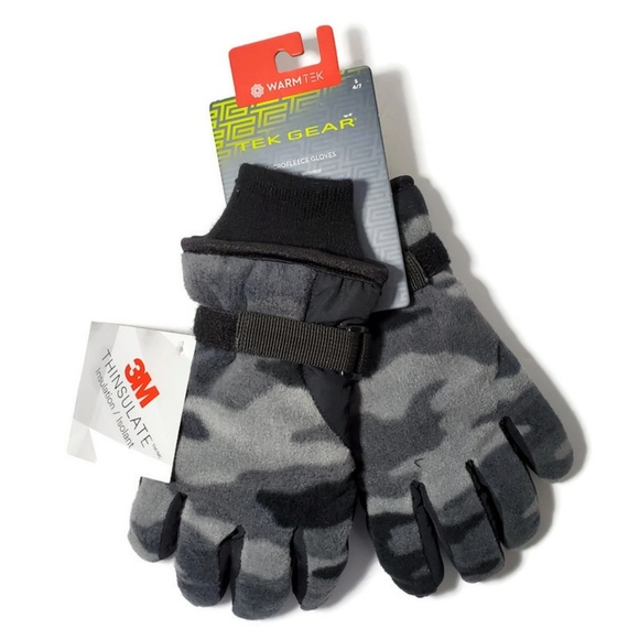 Tek Gear Boys Black /& Gray Camo Waterproof Microfleece Winter Gloves